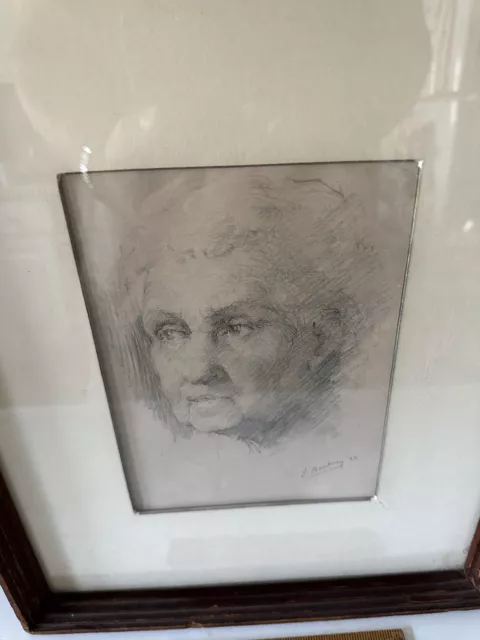 Antique Edward Brodney 1932 Pencil Portrait Old Woman Original Frame