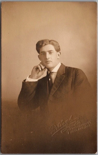 1910s PORTLAND, Oregon RPPC Photo Postcard Attractive Young Man / Blind Stamp