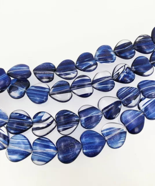 Dark blue Rutilated Quartz heart beads. Shimmering heart beads. Eight pieces