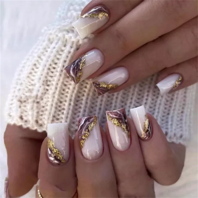 Gold Press on Short Square Art 24pcs Nails for Nails Foil Blooming False Nail
