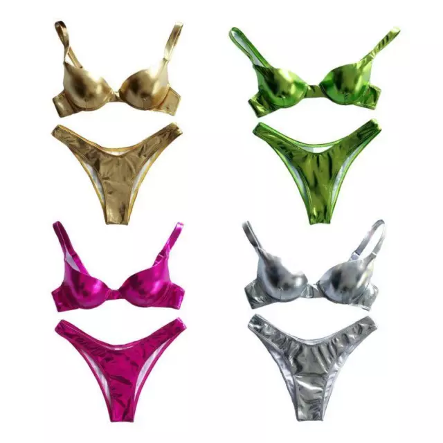 Women Sexy Bikini Reflective Shiny Metallic Swimsuit Push Up Underwire Beachwear