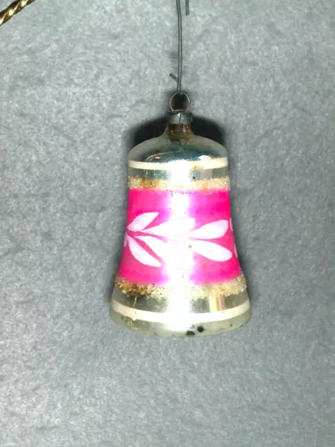 Antique Vintage Pink & Silver Christmas Bell Ornament Germany Glass Clapper