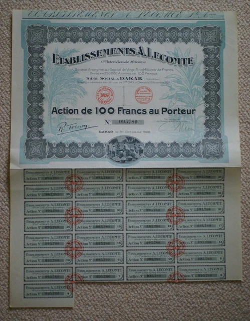 Share certificate for Etablissements A Lecomte, based in Dakar Senegal 1928