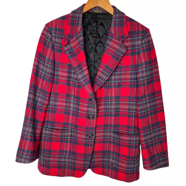 LL Bean Womans L VINTAGE 90s Tartan Plaid Wool Blazer Quilted Jacket 10 12 Red