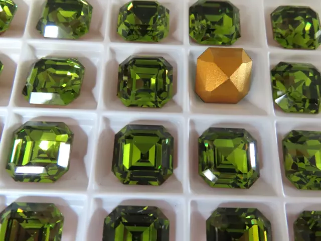 4 Rare Swarovski Vintage  Square Octagon Emerald-Cut, 14mm Olivine/foiled. #4671