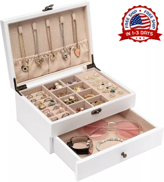 Joyero de madera para joyeria joyas organizador anillos cadenas regalo mujer NEW