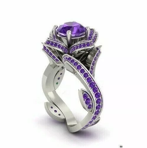 Round Cut Lab Created Amethyst Diamond Womens Wedding Ring 14K White Gold Plated