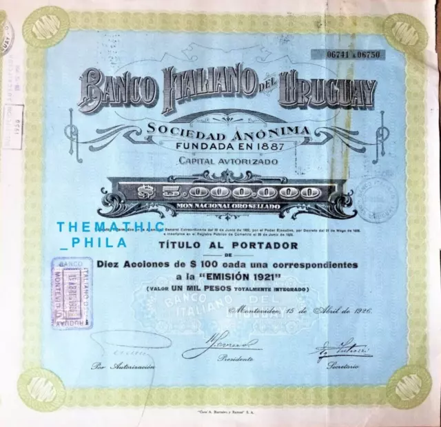 Banco Italiano del Uruguay 10 Share of 100 Pesos 1926 Montevideo