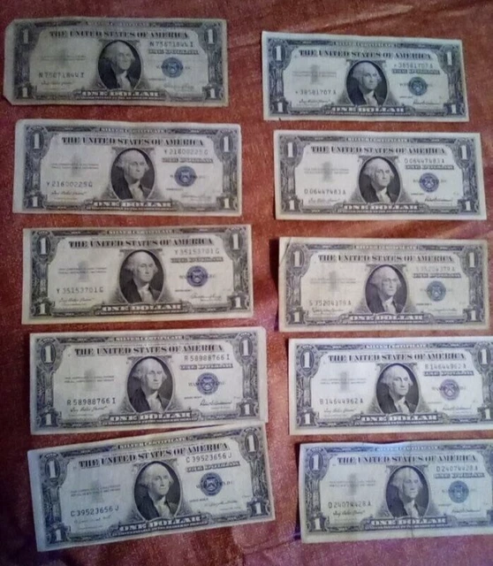 Ten 1 dollar silver certificates 5 - 1935 and 5 - 1957 bills circulated