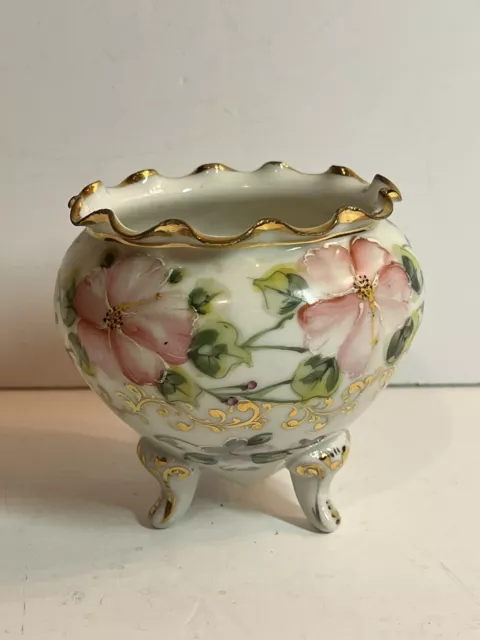 Nippon Antique Hand Painted Floral Gold Gild Footed Bowl Porcelain Vase