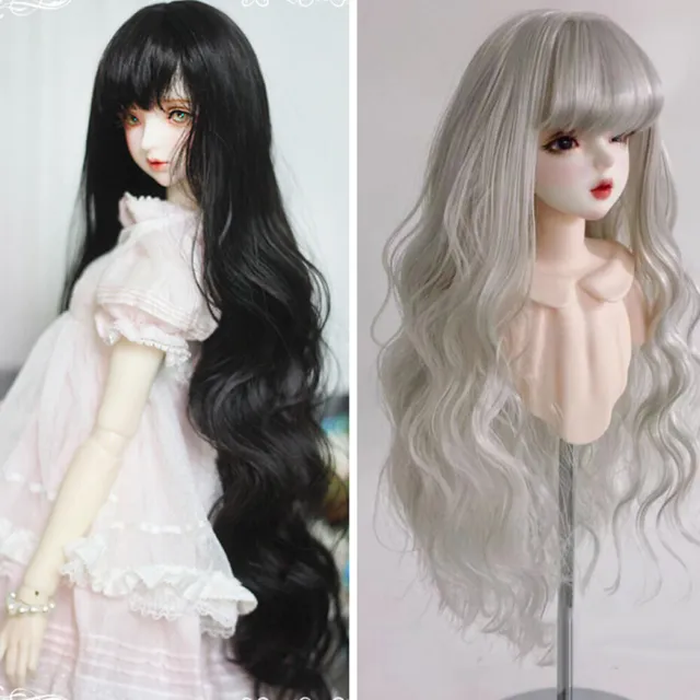 Dolls Black Silver Curly Long Wigs with Bangs for 1/3 1/4 1/6 BJD Doll DIY Wigs