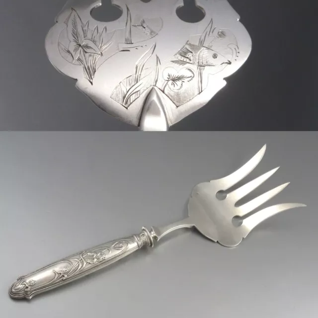 Antique French Sterling Silver Clad Fish Serving Fork, Art Nouveau, Iris Pattern