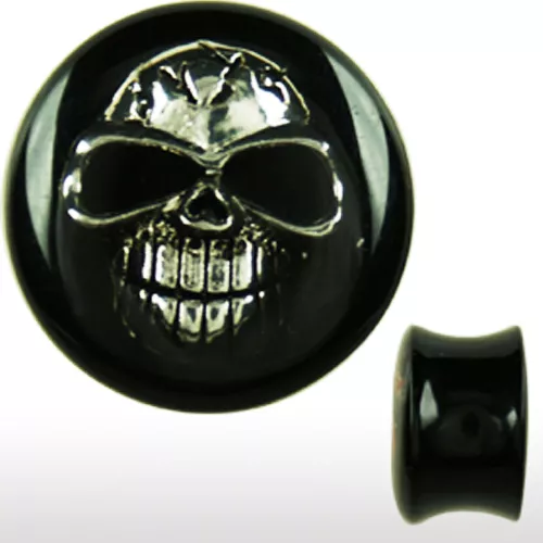 1 PAAR Schwarze Ohr PIERCING PLUGs Tunnel Totenkopf Skull Silber Metall