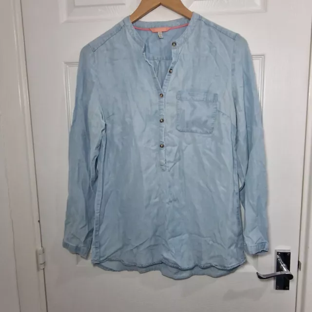 Joules Shirt UK 8 blau Denim Tunika Chambray kragenloses Langarmshirt