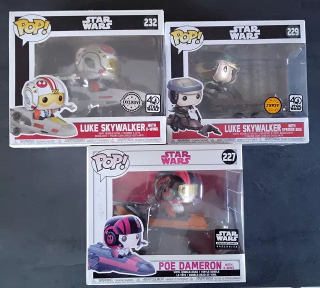 Funko Pop Star Wars n°227-229-232-Luke Skywalker/X-Wing/Speeder Bike-Poe Dameron