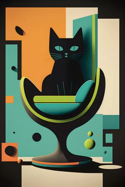 1960s Mid Century Modern Black Cat Art Print B1