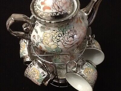 13 Pc Tea Set Tea Pot 6 Cups Saucers w/ Rack Silver Multi 3 oz Cup TeaPot 