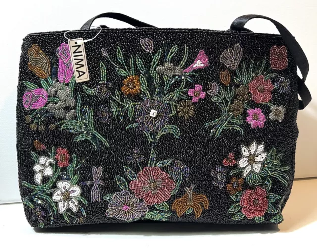 NIMA Hand Beaded Black Multi Colored Flower Handbag Purse With Handles New Tag