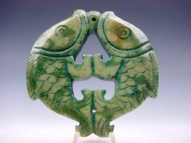 Old Nephrite Jade Stone Carved LARGE Pendant Double Carp Fish/KOI #01182401