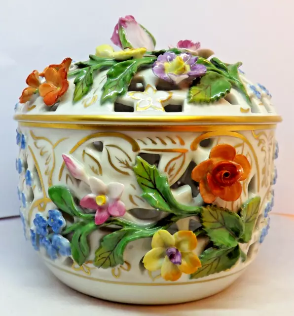 Carl Thieme -  Dresden Hand Painted Reticulated Lidded pot. Flower Encrusted