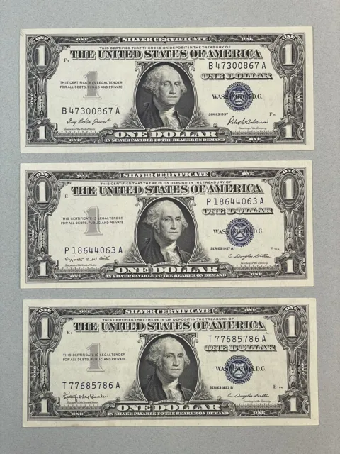 3 Crisp / $1 Silver Certificates / Series of 1957, A, B / Fr. 1619, 1620, 1621