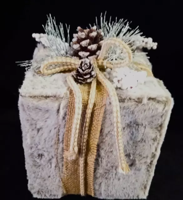NWT Christmas Table Decor-Gift Box Wrapped in Gray Faux Fur & Burlap - 8"Tall