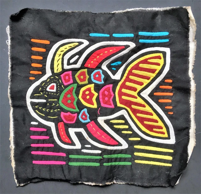 Mola Kuna Handsewn Folk Art Panel Reverse Applique Fish small 8" x 8.5" Unframed
