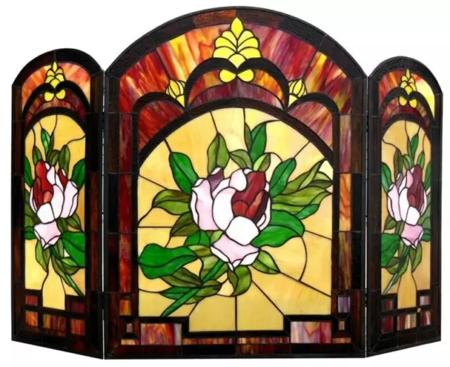 42"  Victorian Floral  Fireplace Screen Tiffany Style Stained Glass 3-Panel