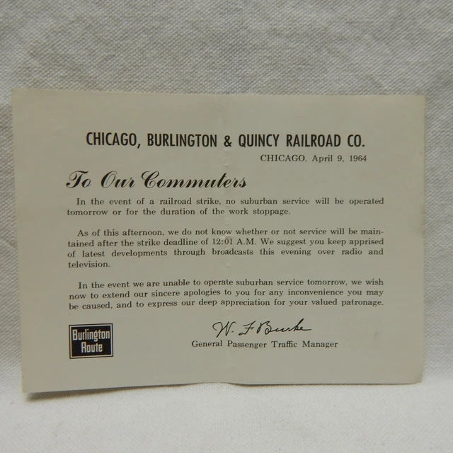 Chicago, Burlington & Quincy Railroad, Railroad Strike Notice To Commuters 1964