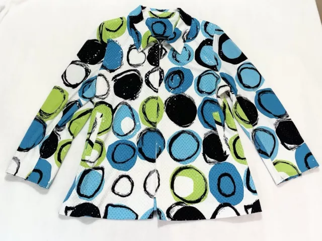 Ming Wang Shiny Sequin Abstract Blue White Green Circles Zip Plus Sz Jacket 0X