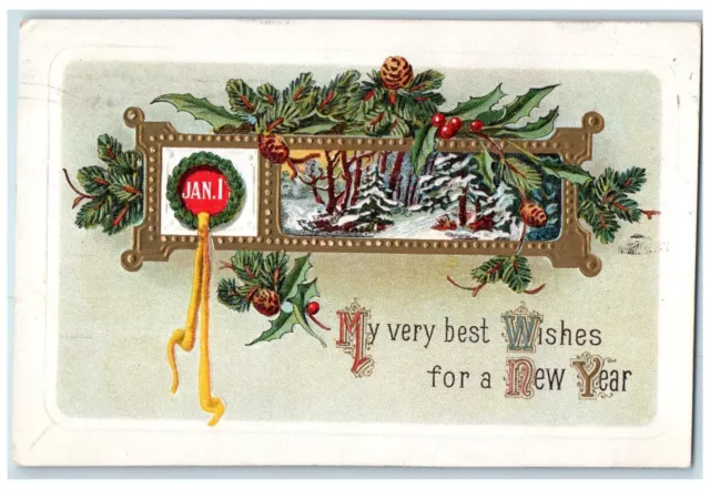 1912 New Year Pine Cone Holly Berries Embossed Wellsville NY Antique Postcard
