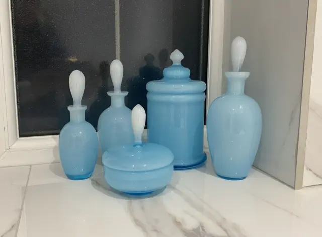 Vintage 1970 Murano blue opaline glass 5 piece dressing table set jars & bottles