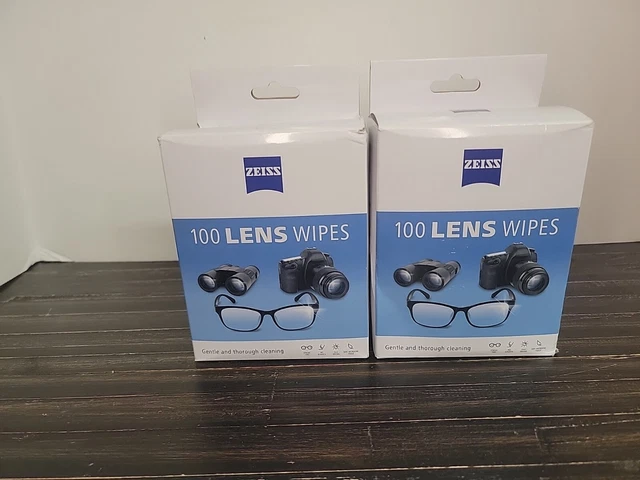 Toallitas limpiadoras de lentes Zeiss para superficies ópticas. 2 cajas, cada 100 unidades. Nuevo.