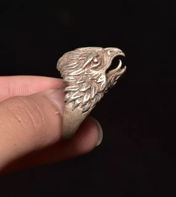 1.6" Collect Rare Old Chinese Silver Dynasty Eagle Hawk Birds Head Ring Rings