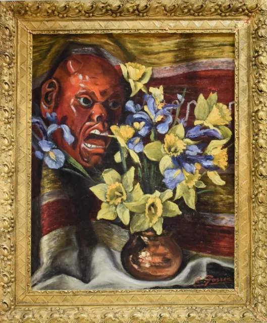 Vintage Still Life Oil Painting, Flowers Vase and Evil Mask, Circa 1950, Gassée 2