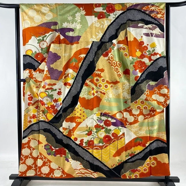 Japanese Kimono Furisode Pure Silk Flower Cloisonne Pattern Reddish Brown