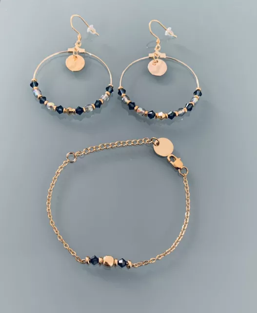 Bracelet Et Créoles Bleu Et Or, Parure Bijoux Femme, Idée Cadeau, Bijou Femme 2