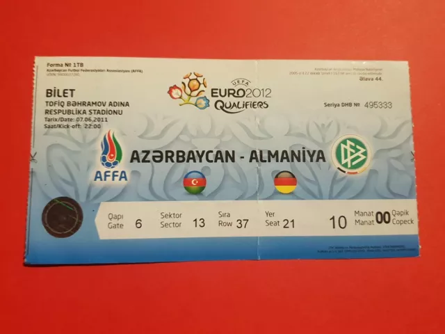 Used Ticket UEFA EURO 2012 Quali Aserbaidschan vs Deutschland DFB Germany