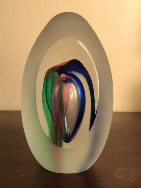Signed Larson Art Glass crystal egg contemporary Lava flow colors paperweight