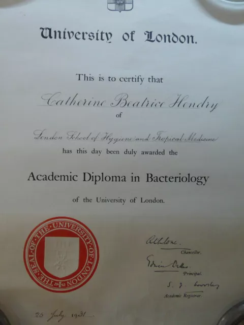 1931 London School Hygiene & Tropical Medicine Diploma Bacteriology Althone