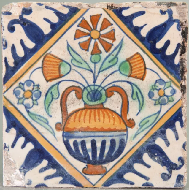 Nice Dutch Delft polychrome tile, flower pot, early 17th.ct.