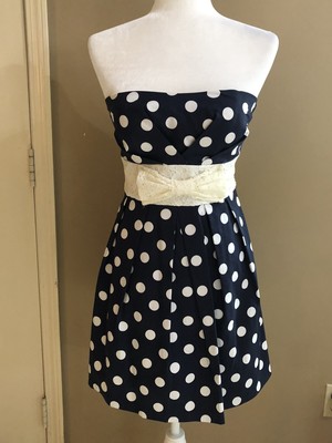 Adorable Ixia Navy Blue & White Polka Dot Strapless Dress Size Small