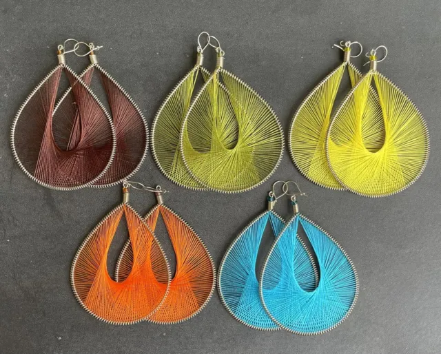 5 Large Silk Thread Teardrop Earrings Alpaca Silver Handmade Peruvian Boho Lot