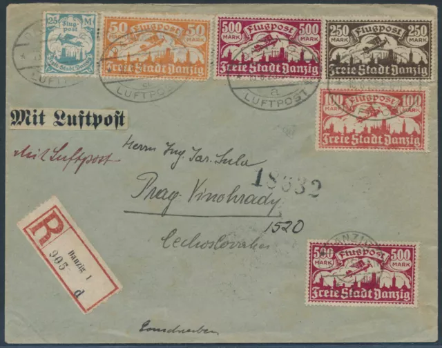 Danzig Flugpost Satzbrief Einschreiben 1923 via Berlin nach Prag (9134)