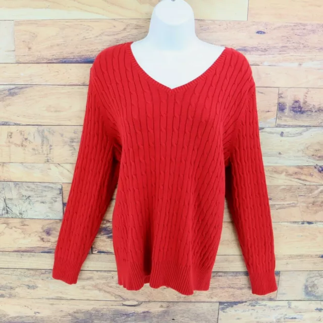 Merona Cable Knit Sweater Womens Sz 16W Red Ribbed Poly Blend Long Sleeve V-Neck
