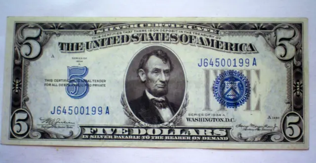 $5  1934A Silver Certificate - Blue seal - Julian/Morgenthau  - Crisp AU  (383n)