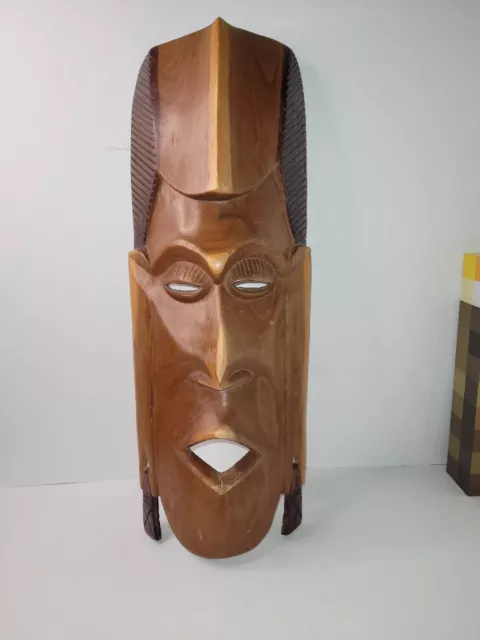 Vintage African Tribal Mask Hand Carved Wooden Folk Art 19in Tall Hewn Wood Face