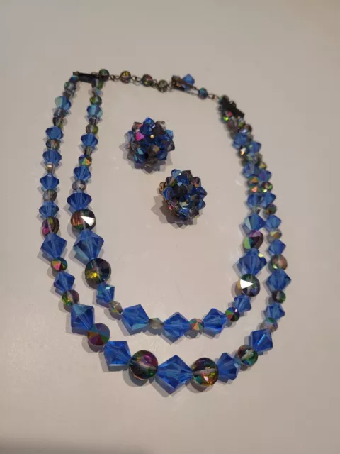 Vintage 60's Blue Aurora Borealis Crystal 16" Double Necklace Clip Earring Set