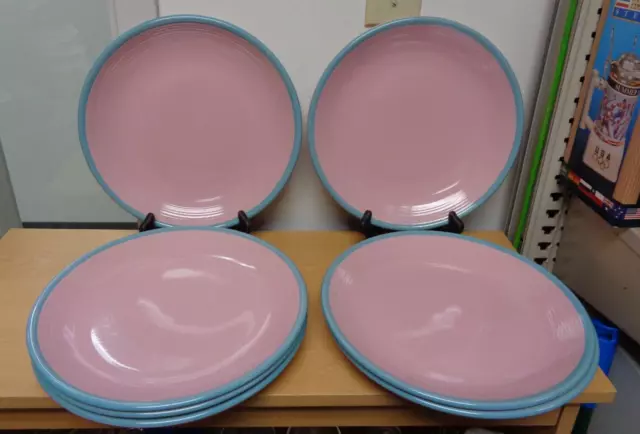 Set Of 7 Rio Century Stoneware 11" dinner Plates Pink Turquoise Trim Japan