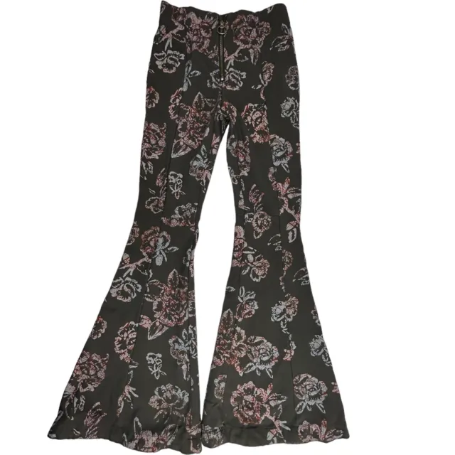 Free People Born To Be Wild Grey Floral High Rise Flare Bell Bottom Pants Size 4